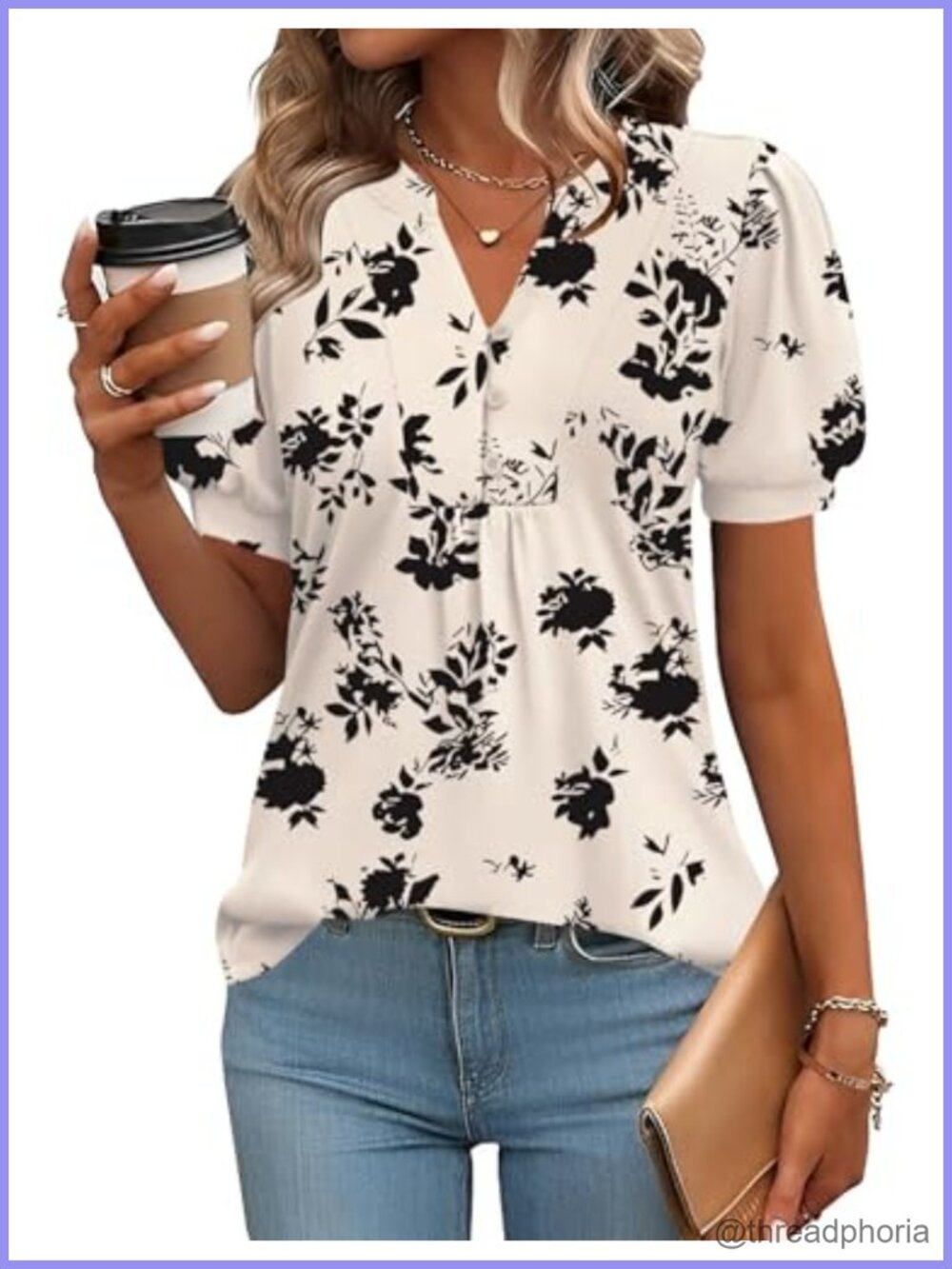 Puff Short Sleeve V-Neck Blouse Pleated Casual Dressy Top